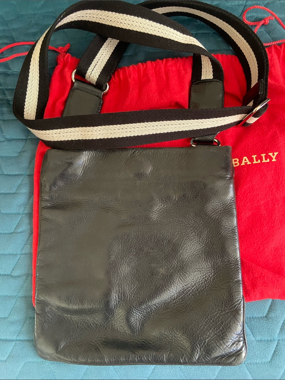 Bally Black Leather Crossbody bag with Black-and-Cream Web Strap
